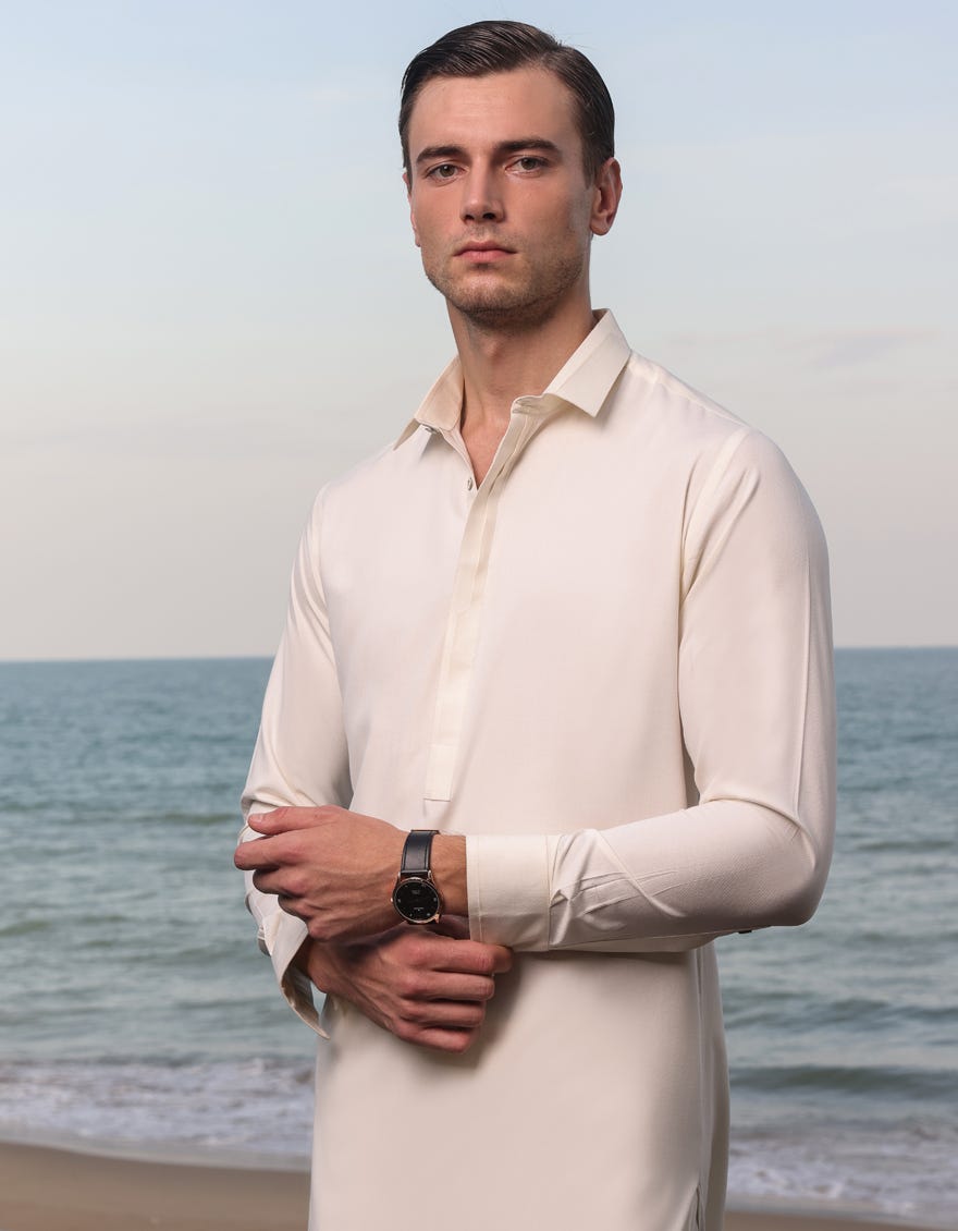 Cream Blended Men's Kameez Shalwar | Jjks-S-37742