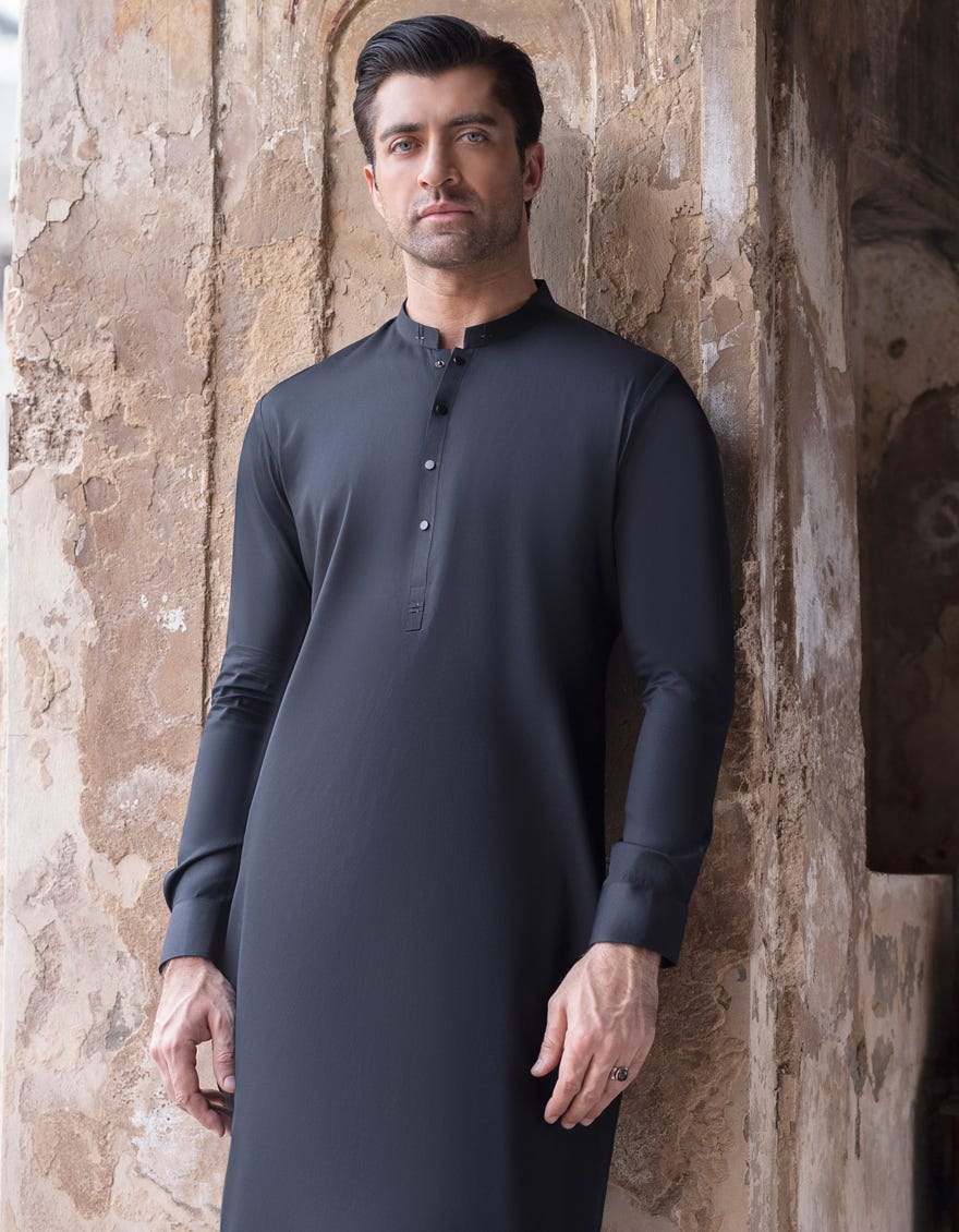 Black Cotton Men's Kameez Shalwar | Jjks-S-37743
