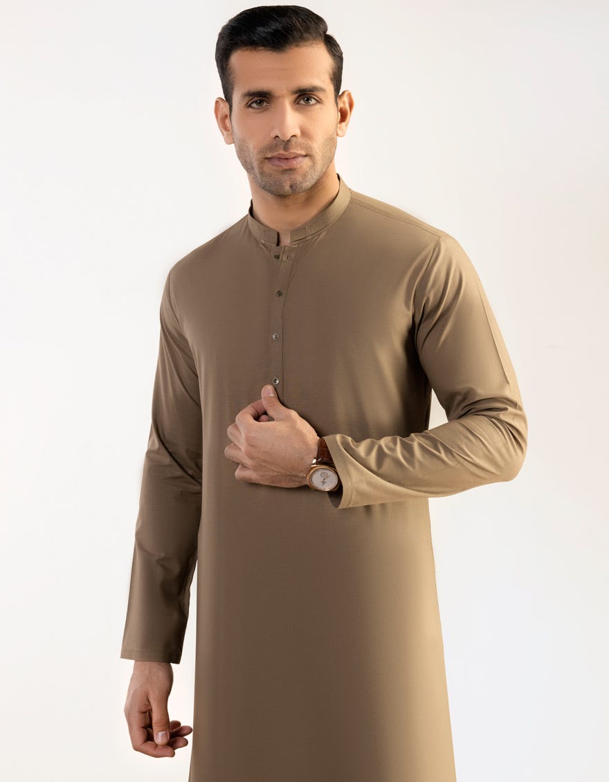Mud Brown Blended Men's Kameez Shalwar | Jjks-S-37757