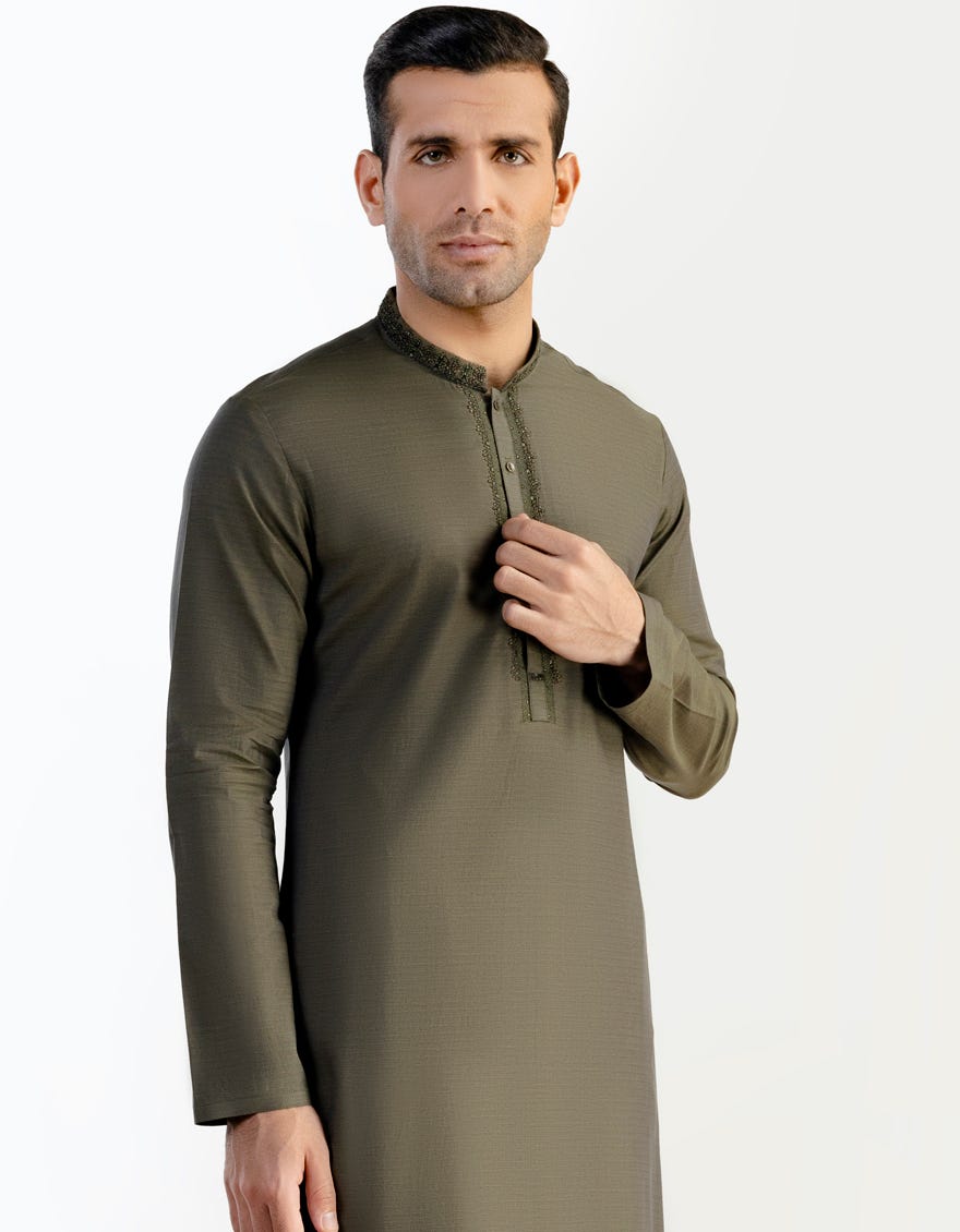 Leaf Green Cotton Men's Kameez Shalwar | Jjks-S-37758