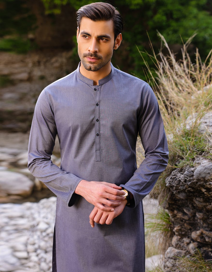 Hatched Blue Cotton Men's Kurta | Jjk-A-37760