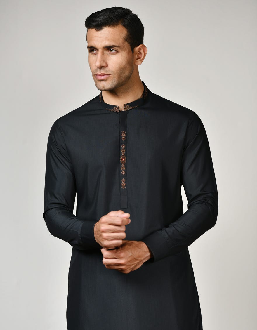 Black Blended Men's Kameez Shalwar | Jjks-S-37768