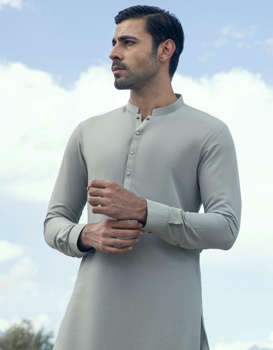 Grey Blended Men's Kameez Shalwar | Jjks-S-37776