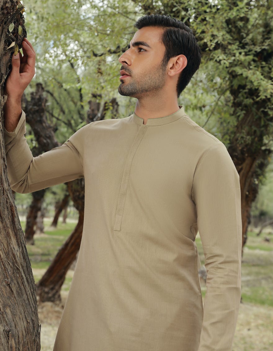 Beige Cotton Men's Kameez Shalwar | Jjks-S-37783