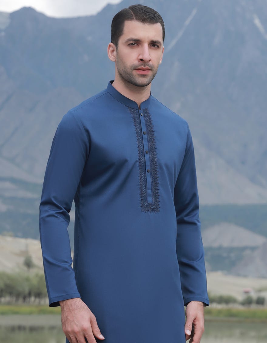 Blue Blended Men's Kameez Shalwar | Jjks-A-37788