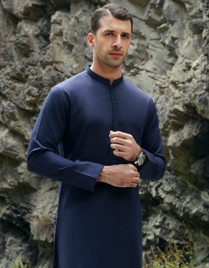 Navy Blue Cotton Men's Kurta | Jjk-A-37789