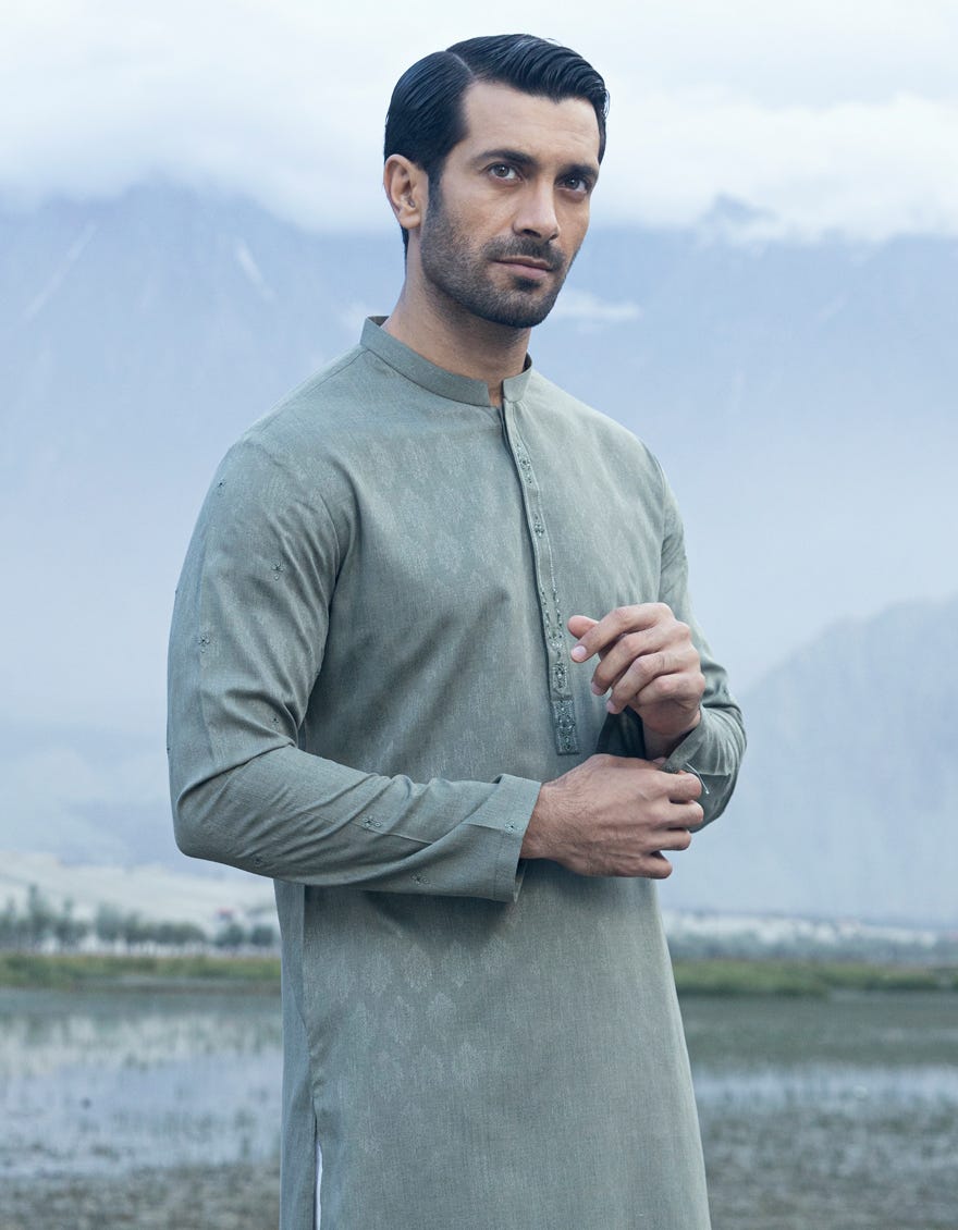 Olive Green Blended Men's Kurta | Jjk-A-37793
