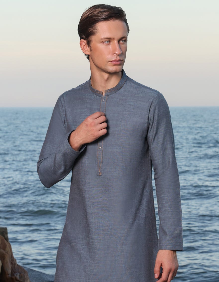 Blue And Grey Cotton Men's Kurta | Jjk-A-37798