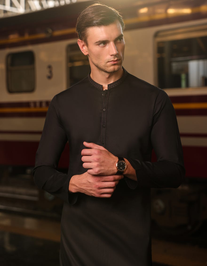 Black Cotton Men's Kurta | Jjk-S-37807