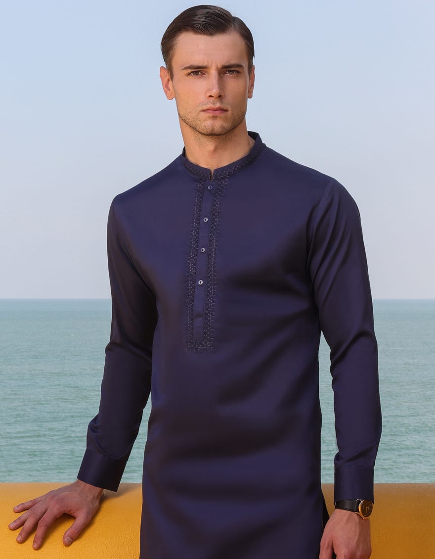 Navy Blue Cotton Men's Kameez Shalwar | Jjks-S-37817