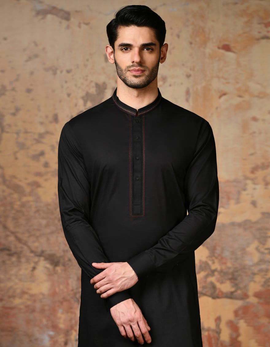 Black Cvc Semi-Formal Men's Kameez Shalwar | Jjks-S-37825