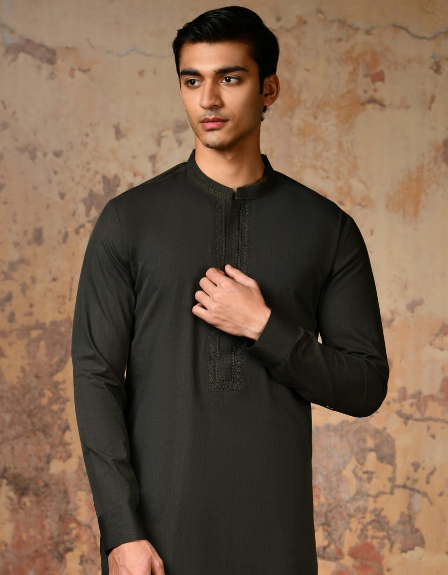 Dull Green Cvc Men's Kameez Shalwar | Jjks-S-37828