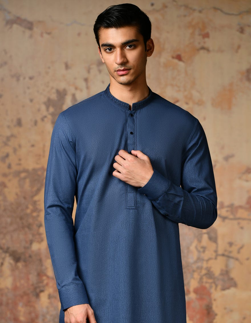 Blue Blended Men's Kameez Shalwar | Jjks-S-37844