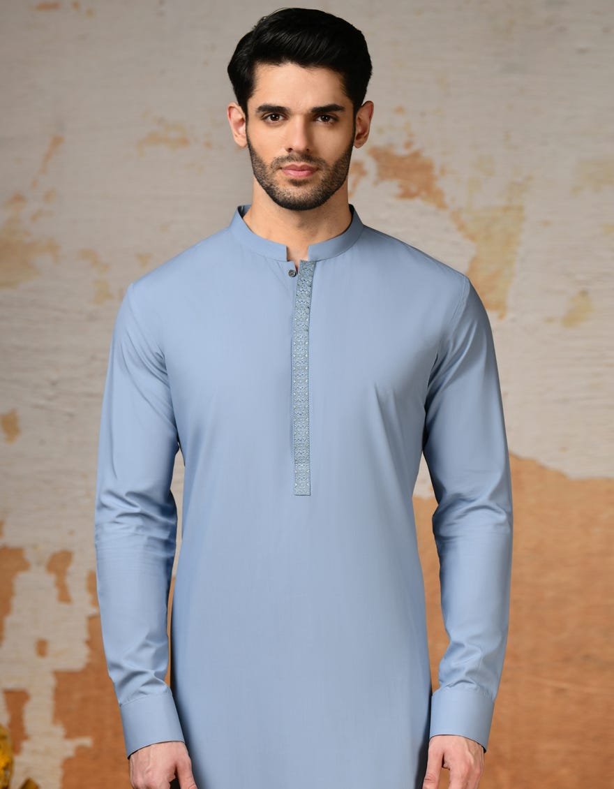 Pale Blue Blended Semi-Formal Men's Kameez Shalwar | Jjks-S-37846