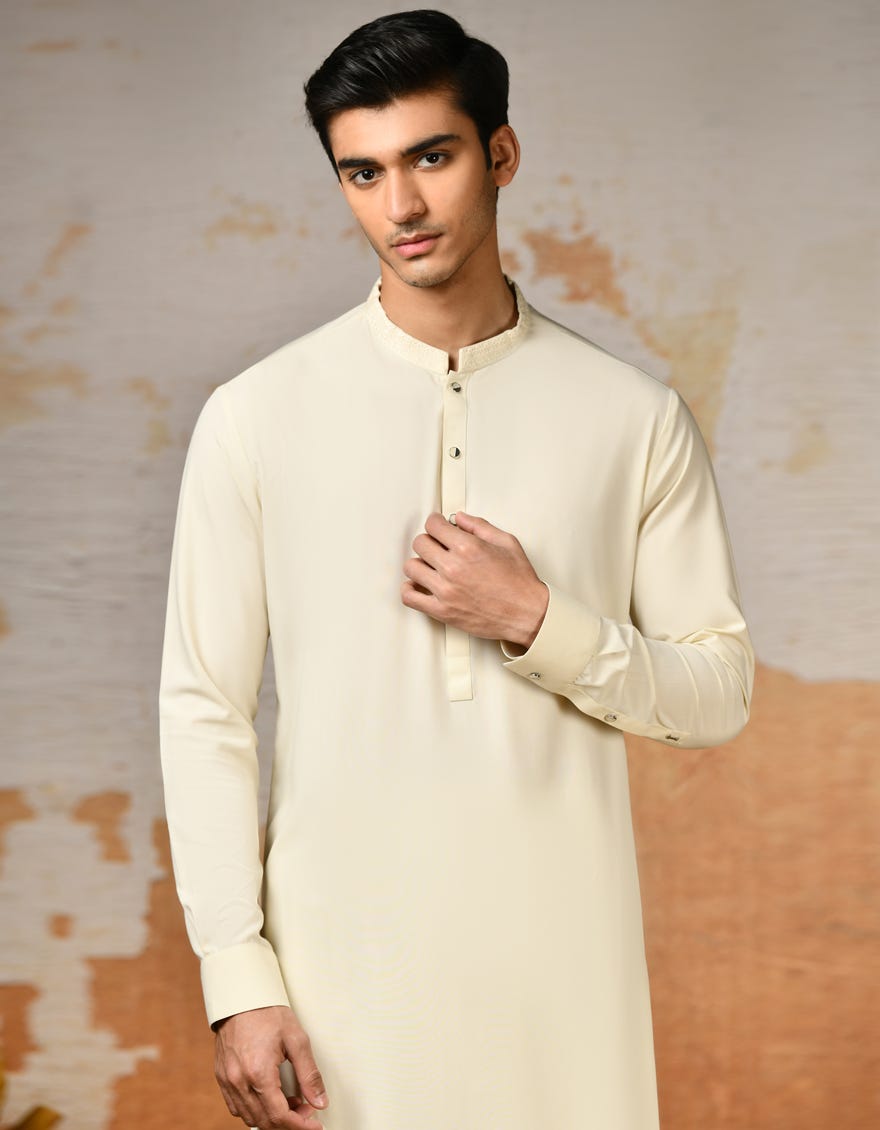 Cream Blended Men's Kameez Shalwar | Jjks-S-37847