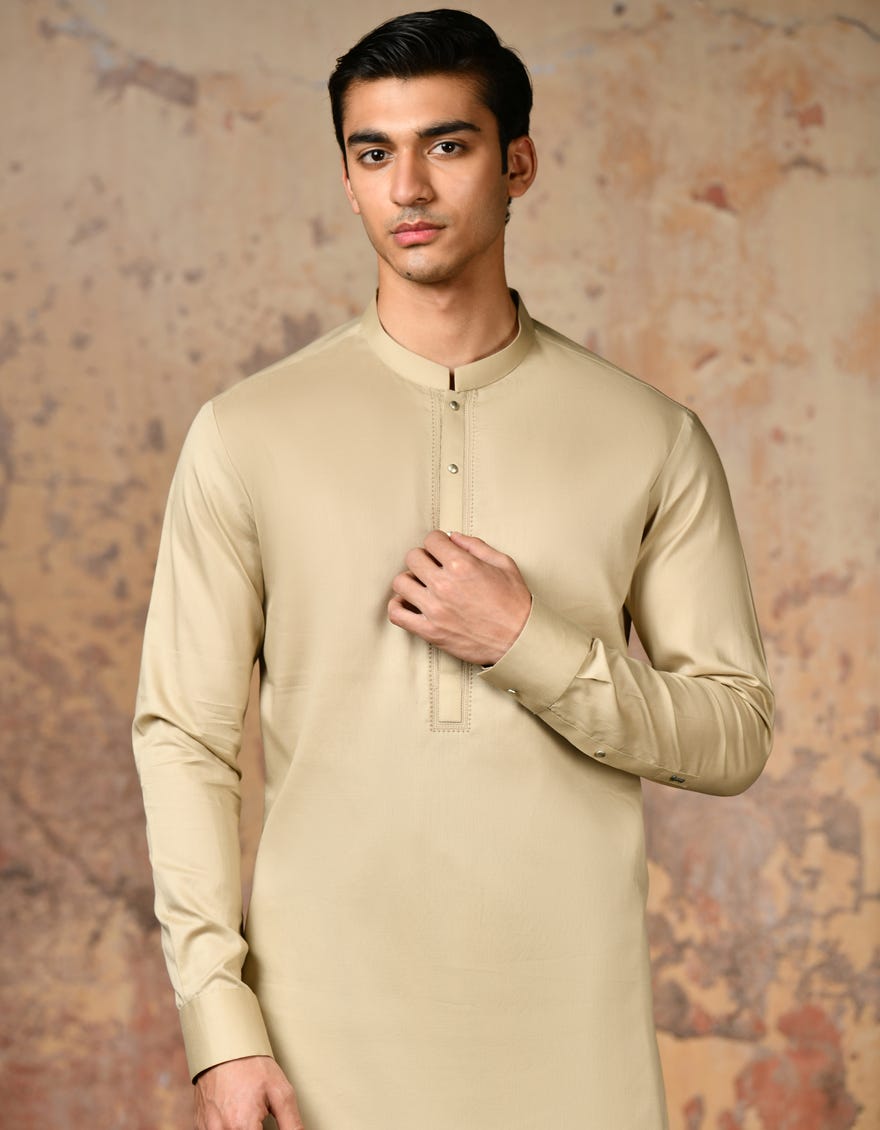 Beige Cotton Men's Kameez Shalwar | Jjks-S-37848