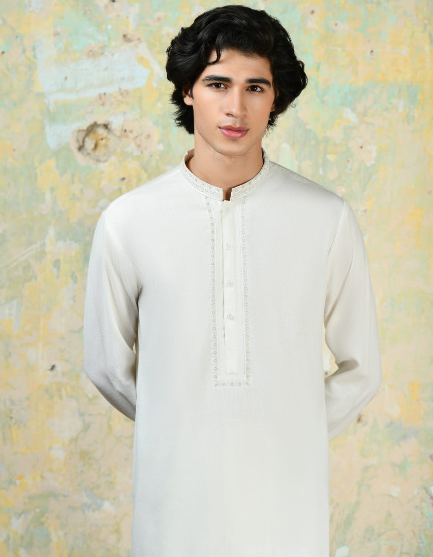 Off White Blended Men's Kameez Shalwar | Jjks-A-37851