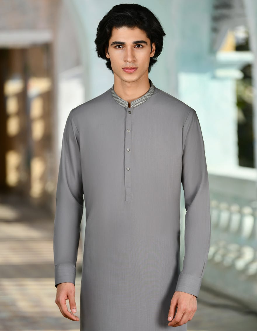 Grey Blended Men's Kameez Shalwar | Jjks-A-37856