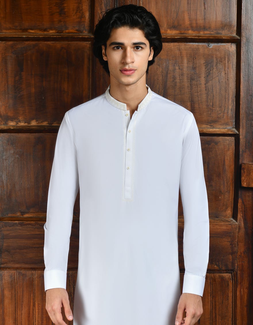 White Blended Men's Kameez Shalwar | Jjks-A-37880