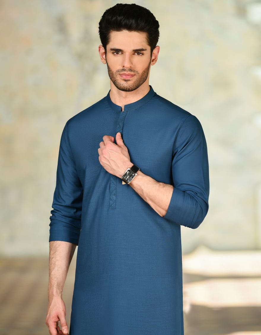 Blue Blended Men's Kameez Shalwar | Jjks-A-37883