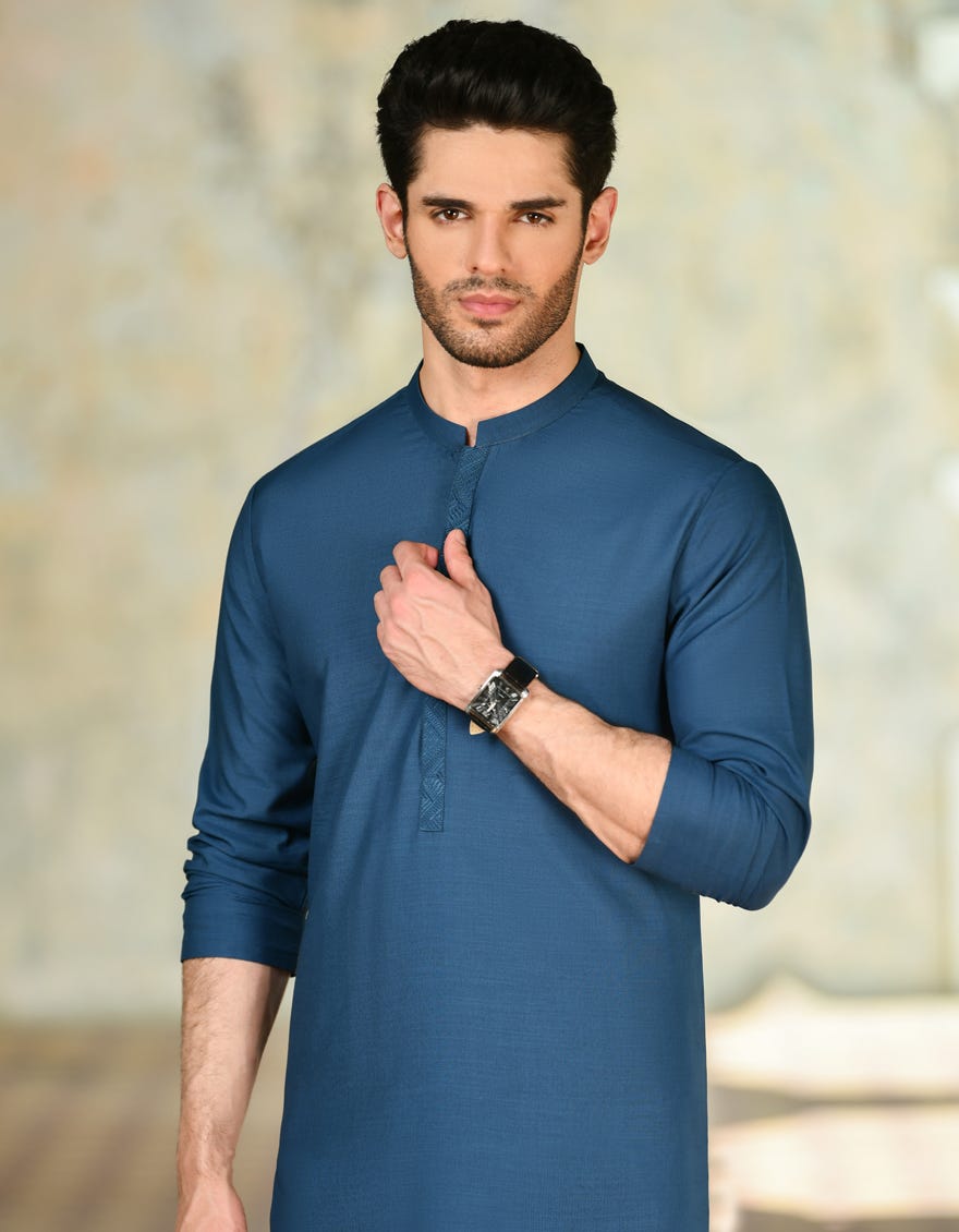 Blue Blended Men's Kurta Pajama | Jjkp-A-37883