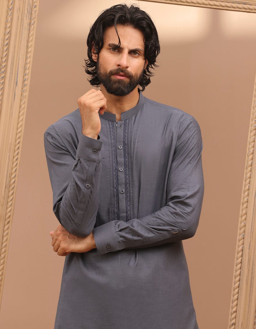 Grey Cotton Men's Kameez Shalwar | Jjks-A-37893
