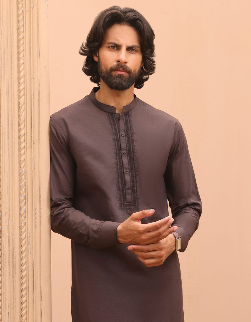 Brown Cotton Men's Kameez Shalwar | Jjks-A-37894