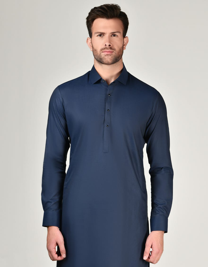 Navy Blue Cotton Men's Kameez Shalwar | Jjks-S-37895