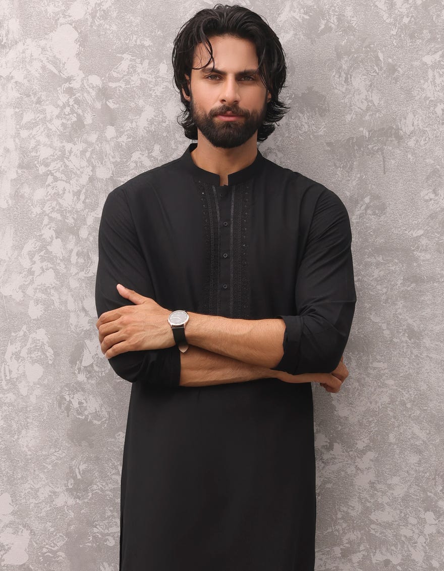 Black Blended Men's Kurta | Jjk-S-37897