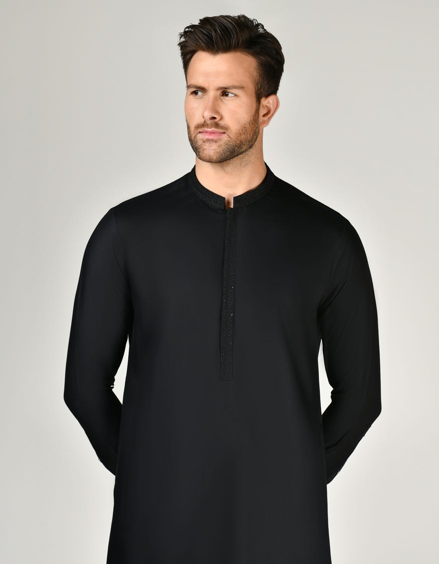 Black Blended Men's Kameez Shalwar | Jjks-A-37900