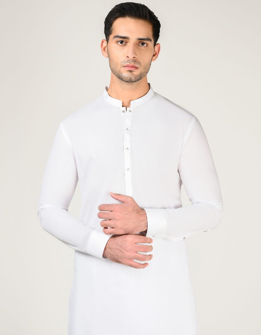 White Blended Men's Kameez Shalwar | Jjks-A-37903