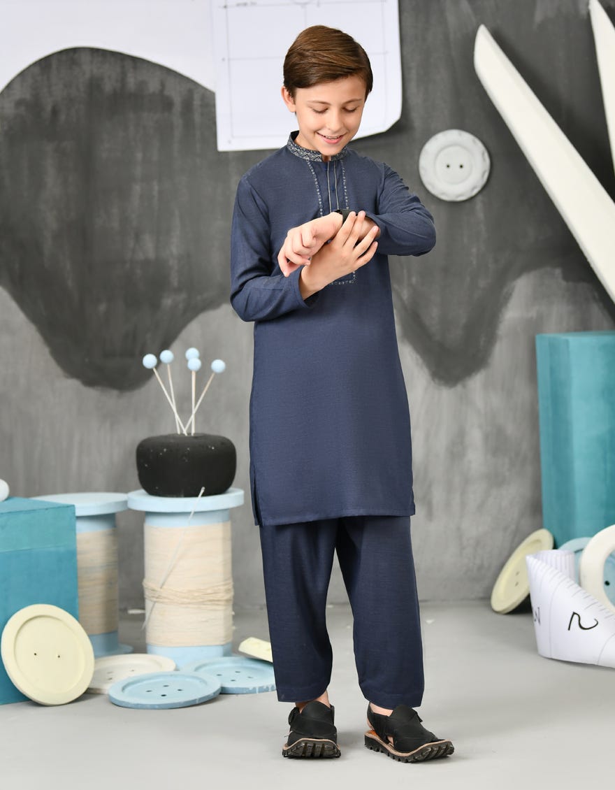 Navy Blue Blended Kid's Kameez Shalwar | Jcks-S-38226