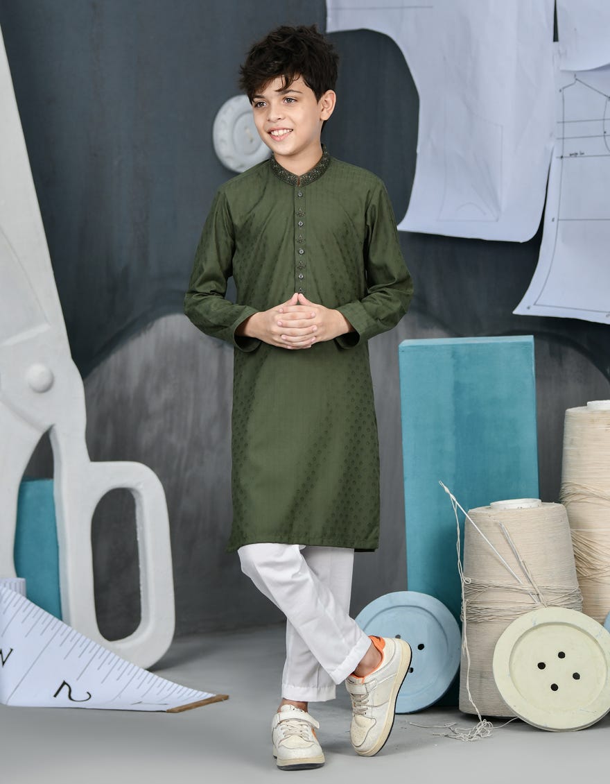 Green Blended Kid's Kurta | Jck-S-38392