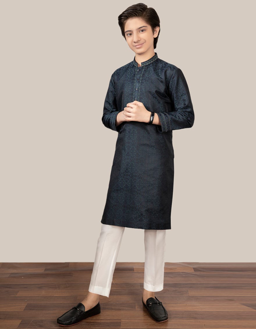 Peacock Green Jamawar Kid's Kurta | Jck-Sp-38448