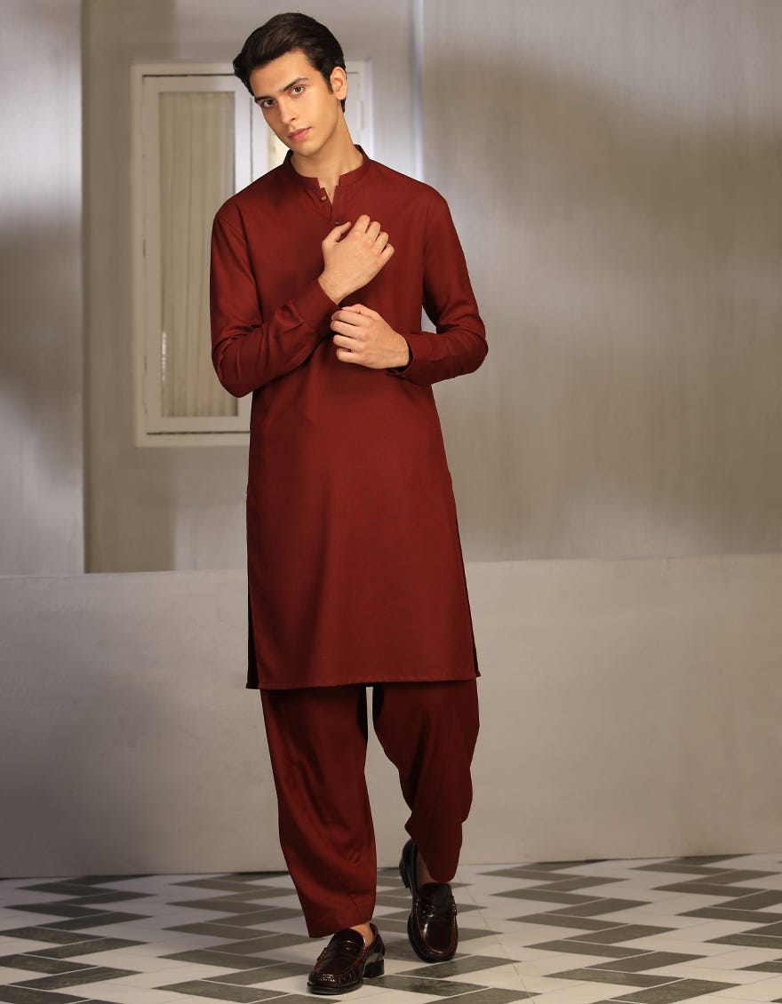 Crimson Red Blended Teen Boy's Kameez Shalwar | Jtks-W-38650