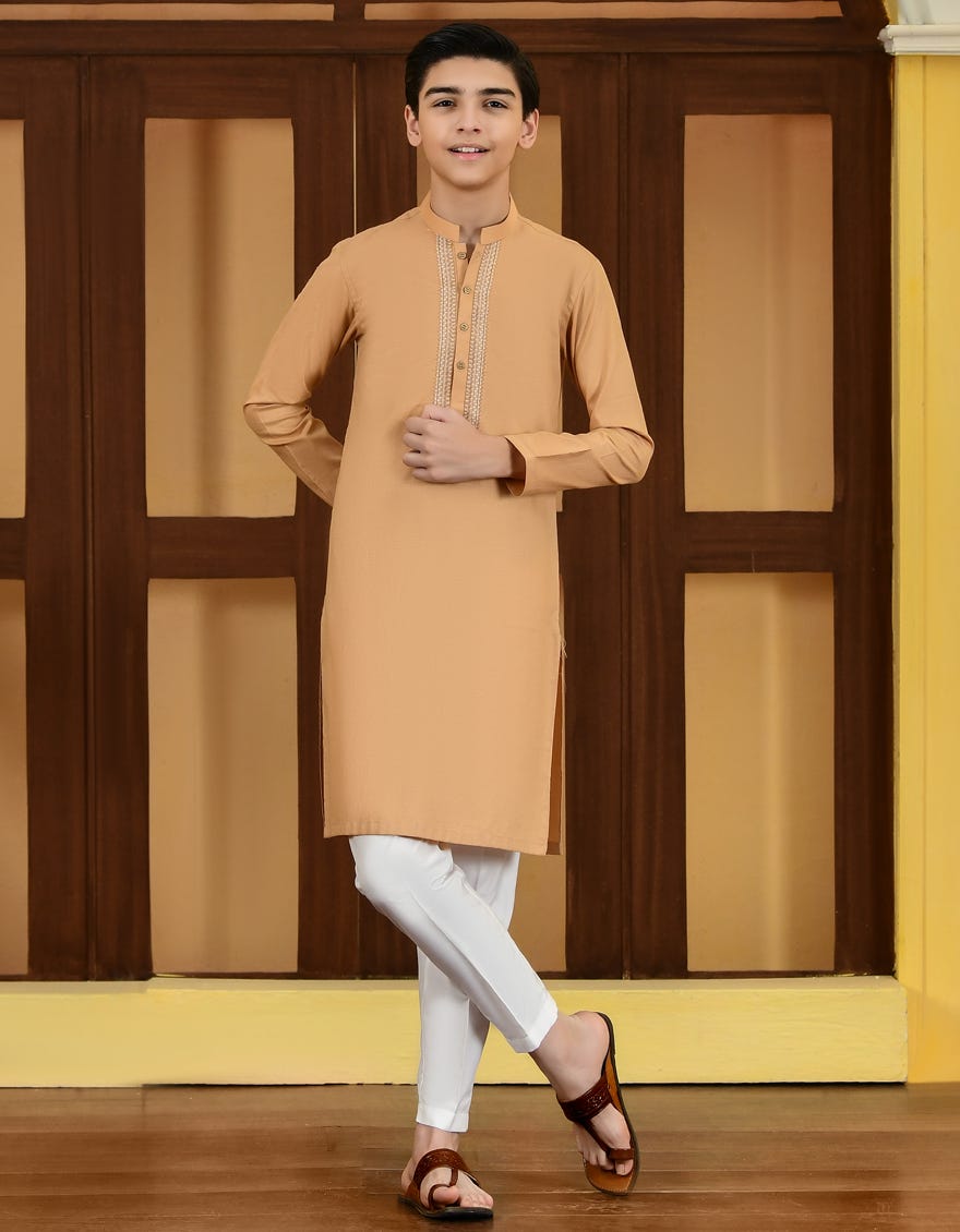 Beige Cotton Kid's Kurta | Jck-S-38656