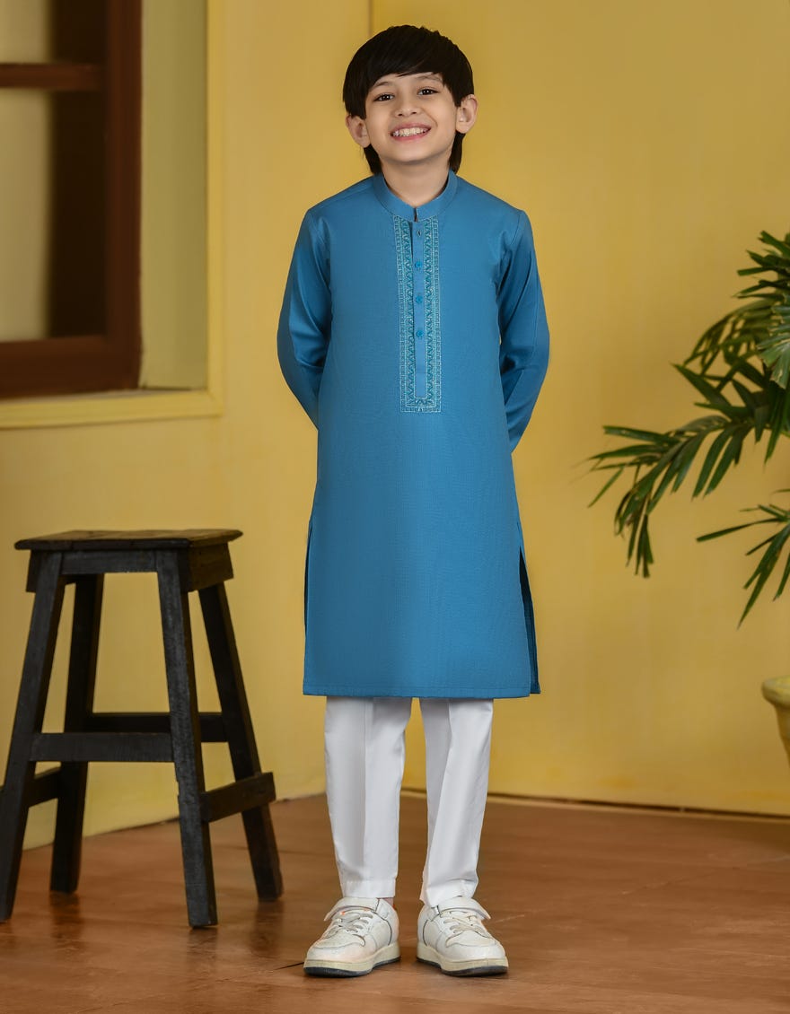 Teal Blue Cotton Kid's Kurta | Jck-S-38657