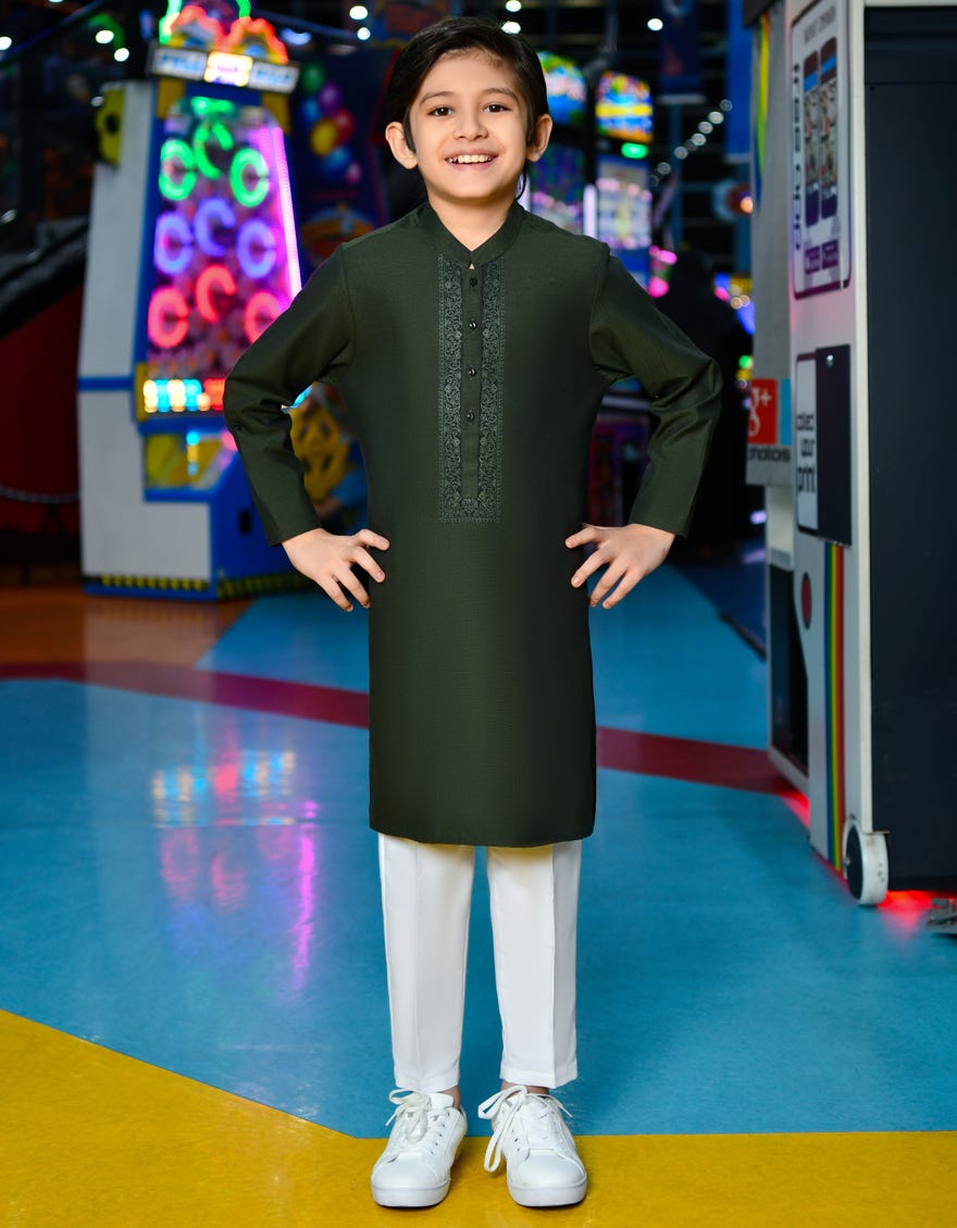 Forest Green Cotton Kid's Kurta | Jck-W-38659
