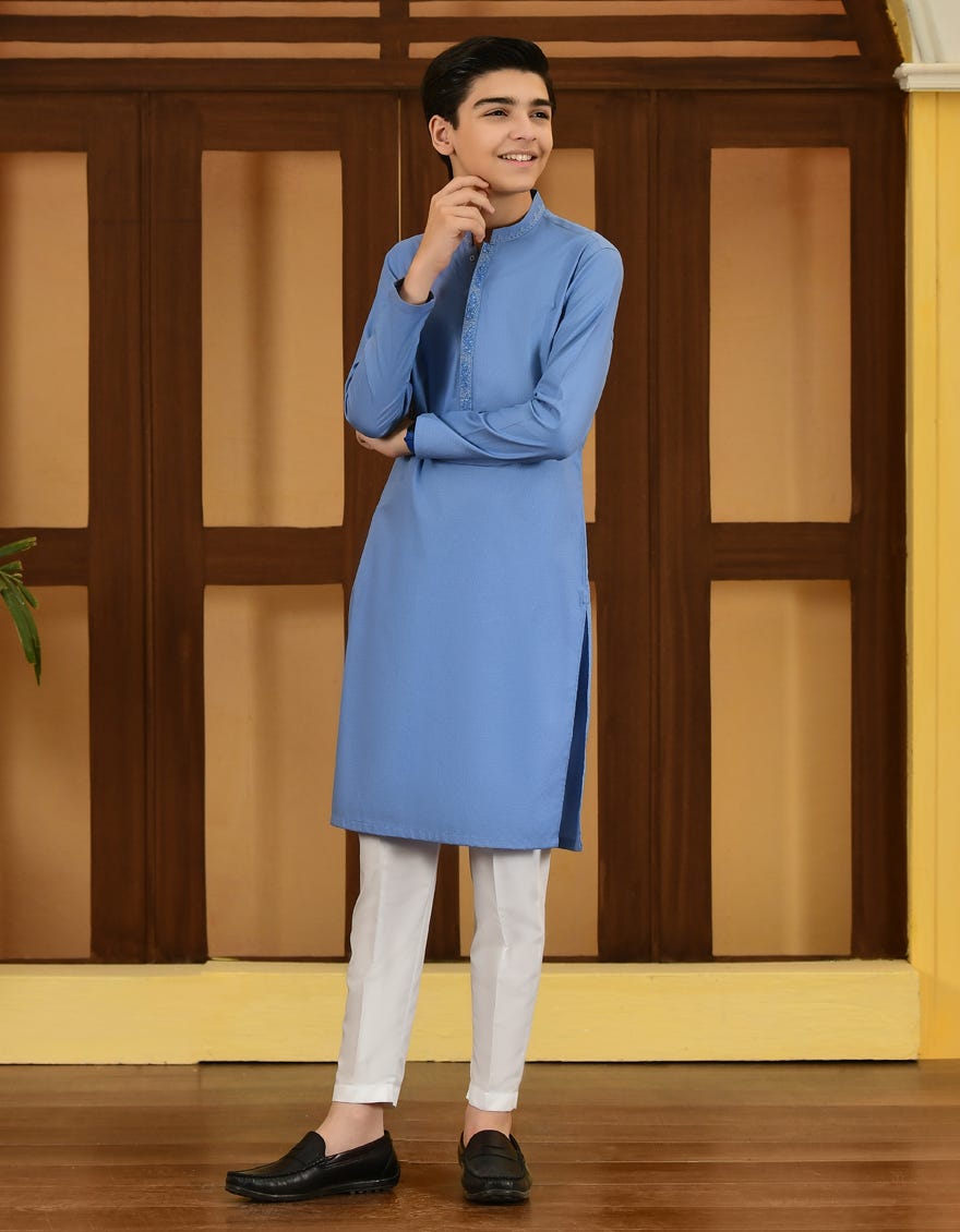 Sky Blue Cotton Kid's Kurta | Jck-S-38664