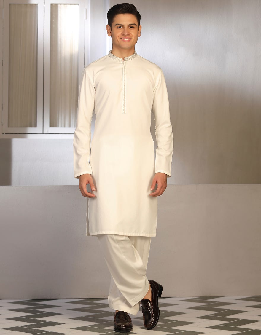 Dull White Blended Teen Boy's Kameez Shalwar | Jtks-W-38670
