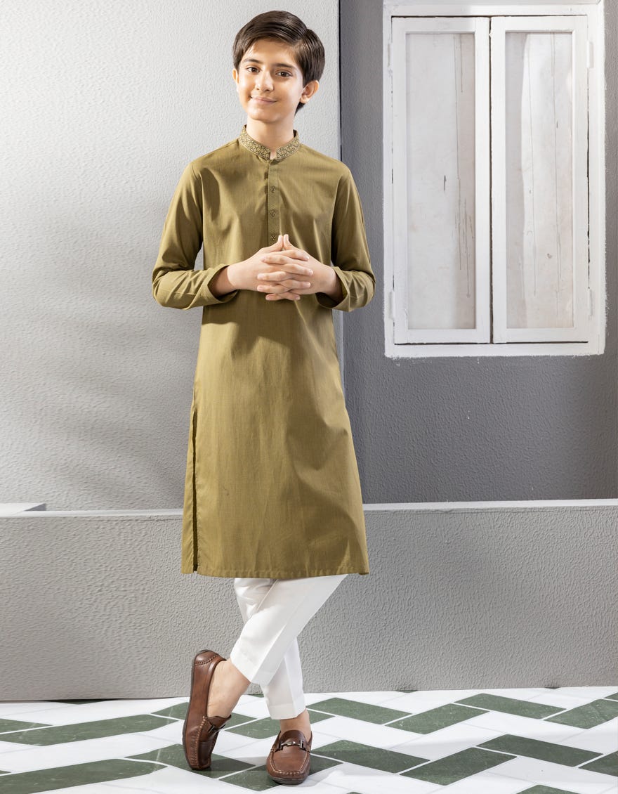 Olive Green Blended Kid's Kurta | Jck-A-38678
