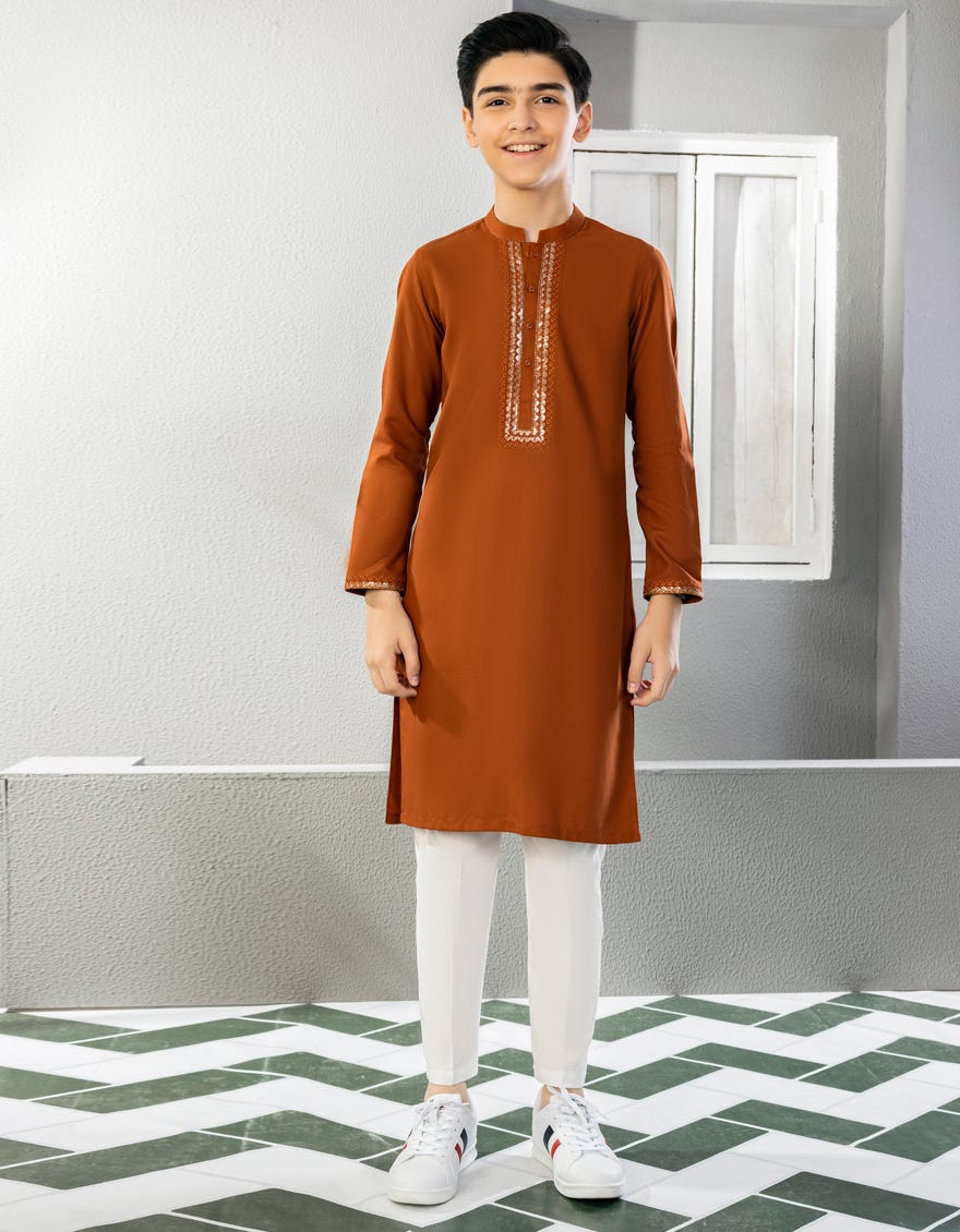 Rust Blended Kid's Kurta | Jck-A-38679