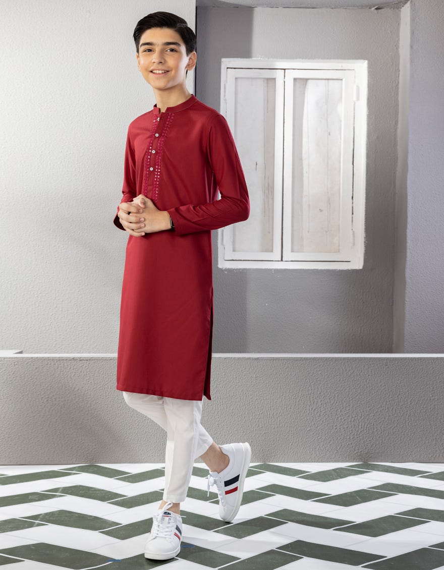 Red Blended Kid's Kurta | Jck-A-38680
