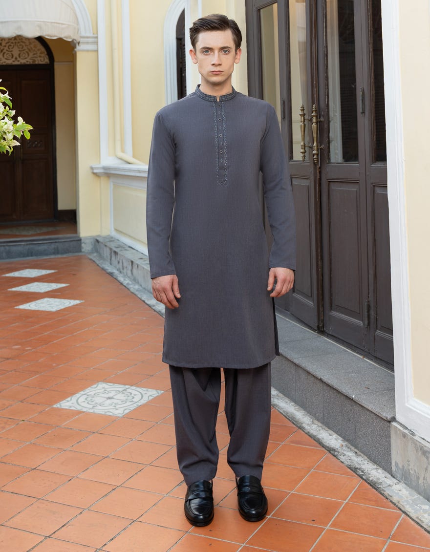 Grey Blended Teen Boy's Kameez Shalwar | Jtks-S-38688