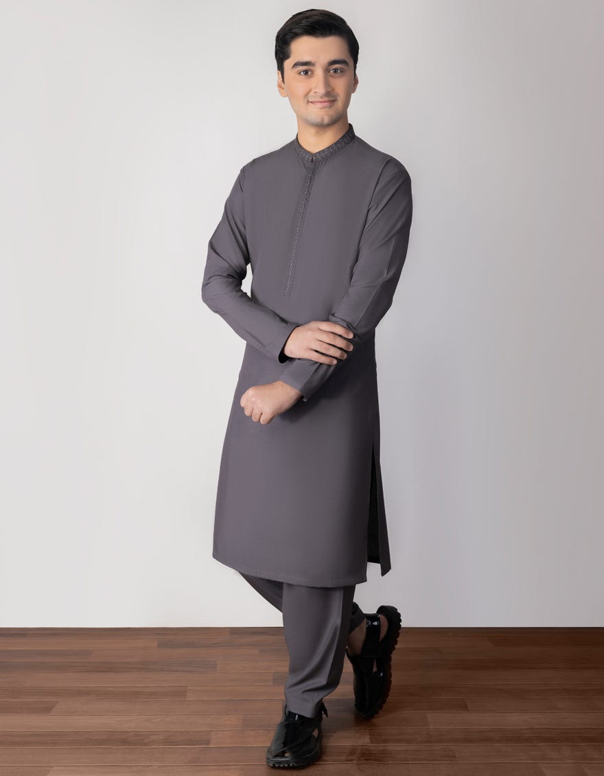 Grey Blended Teen Boy's Kameez Shalwar | Jtks-S-38689