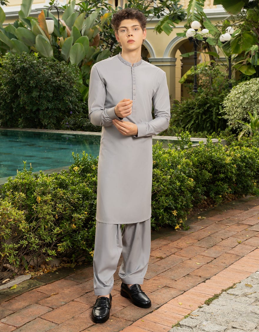 Light Grey Blended Teen Boy's Kameez Shalwar | Jtks-S-38690