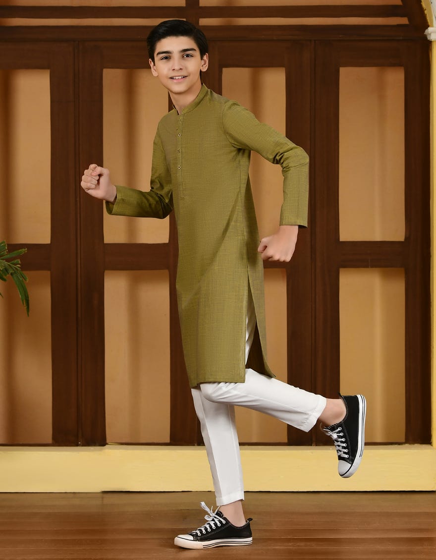 Green Cotton Kid's Kurta | Jck-A-38694