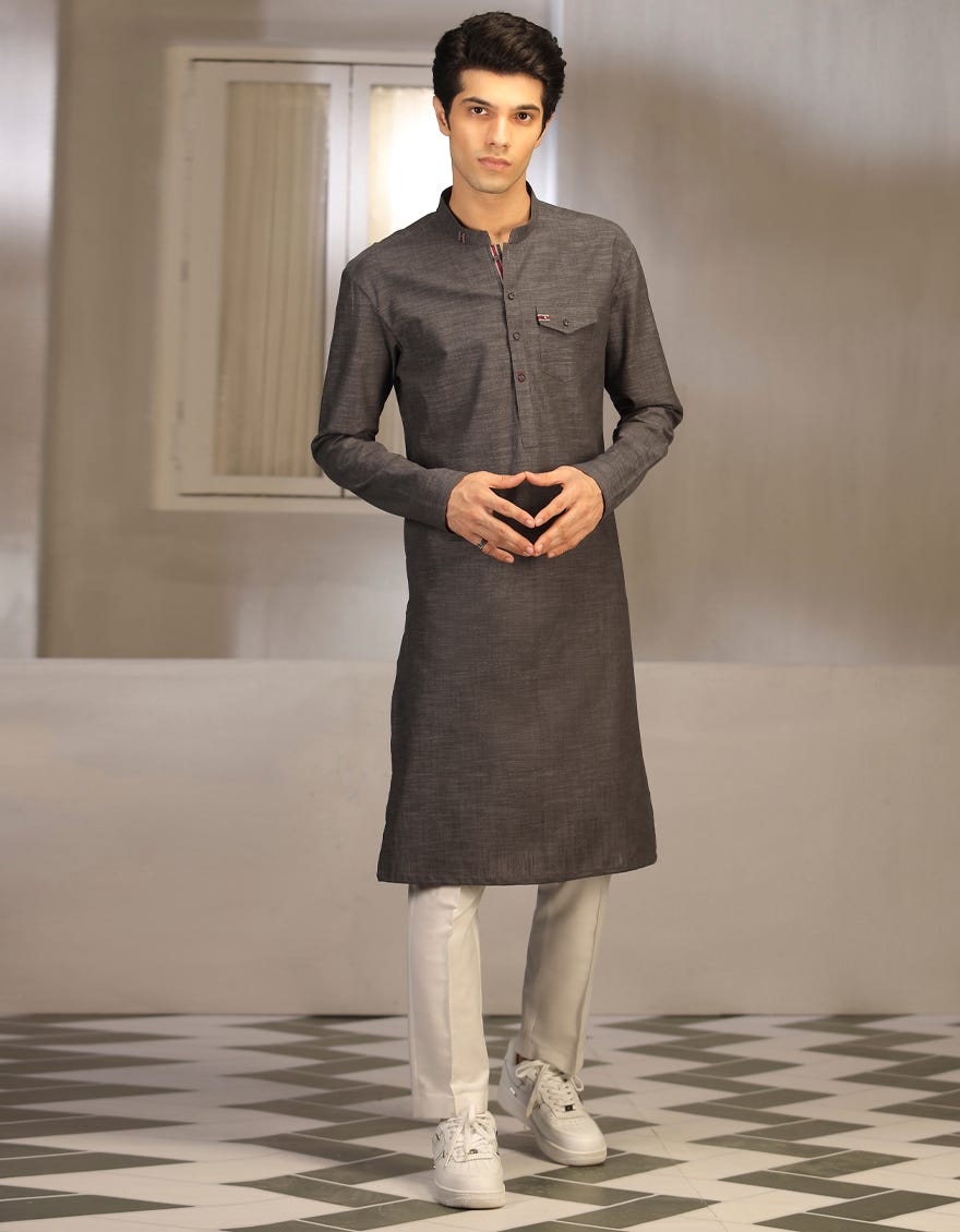 Black Denim Cotton Teen Boy's Kurta | Jtk-W-38696