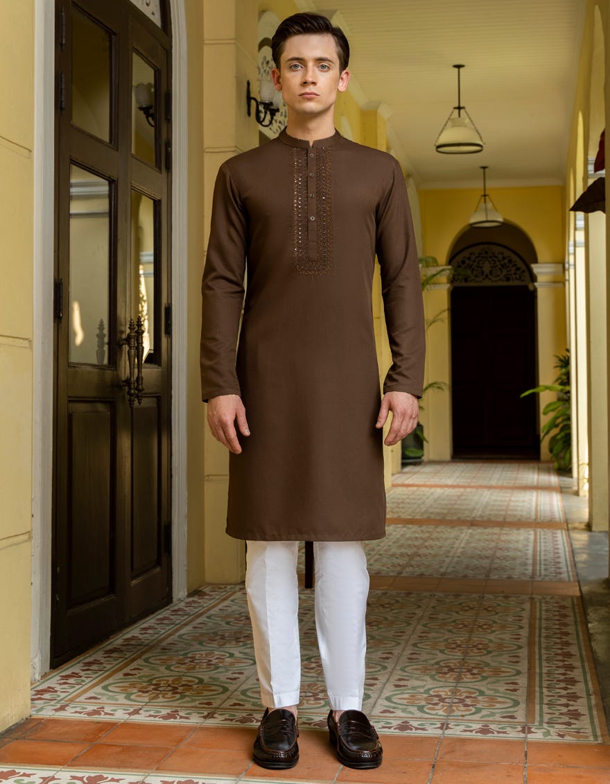 Mehndi Brown Blended Teen Boy's Kurta | Jtk-A-38698