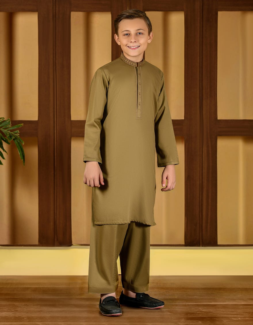 Beige Cotton Kid's Kameez Shalwar | Jcks-S-38705